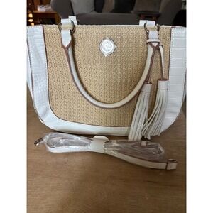 Anne Klein Straw Tote Bag White Croc Embossed Tassel Crossbody Handbag NWOT